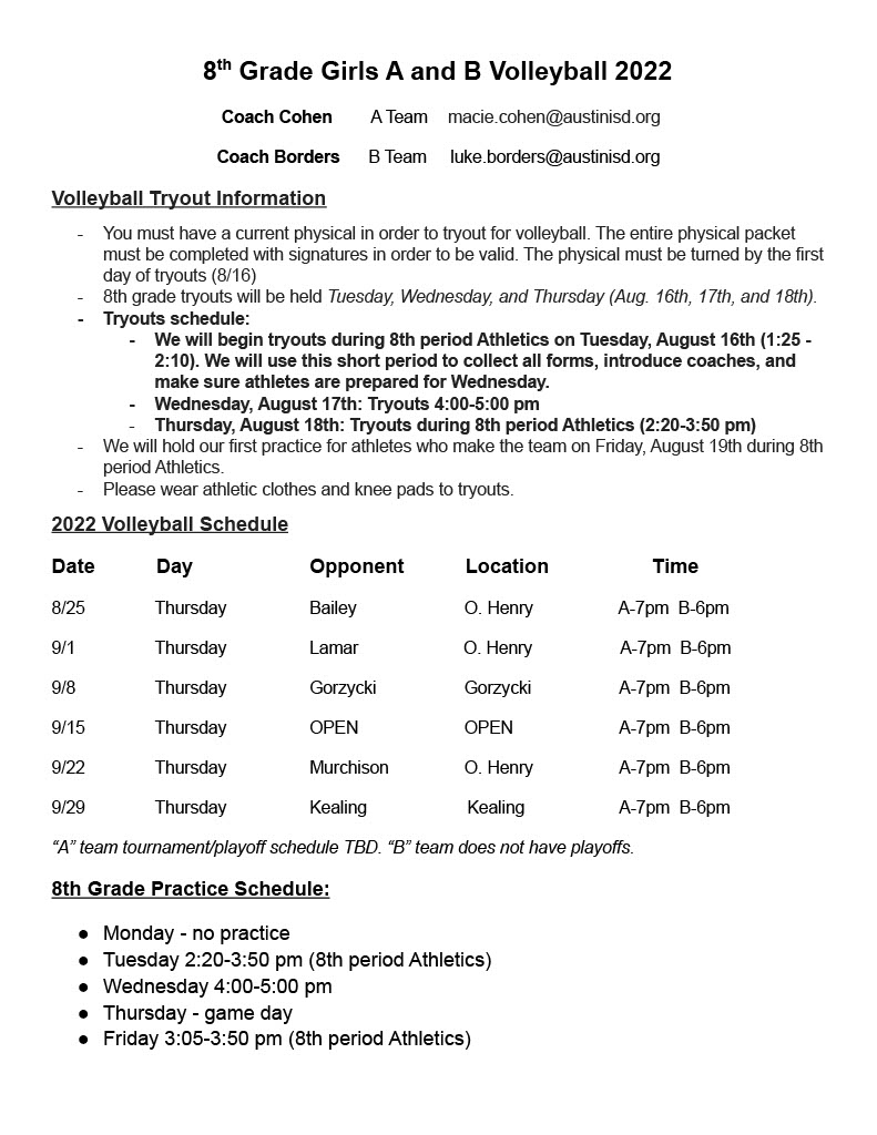 8th Grade Volleyball Information Sheet